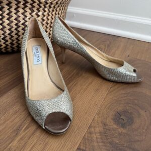 Jimmy Choo Glitter Fabric Isabel Peep Toe Pumps Heels 39.5